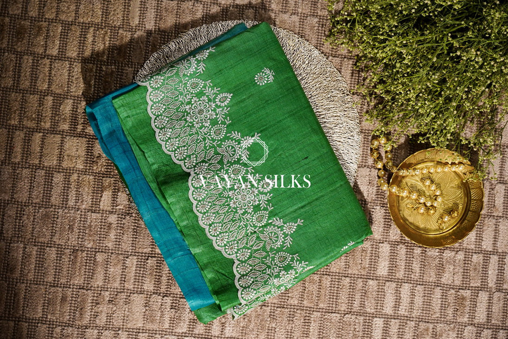 ~ Gul Kaari ~ Green Blue Embroidered Tussar Silk Saree
