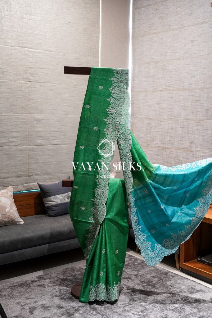 ~ Gul Kaari ~ Green Blue Embroidered Tussar Silk Saree