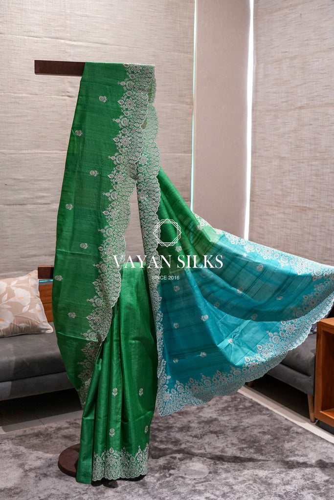 ~ Gul Kaari ~ Green Blue Embroidered Tussar Silk Saree