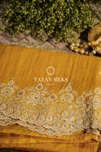 Load image into Gallery viewer, ~ Gul Kaari ~ Mustard Brown Embroidered Tussar Silk Saree