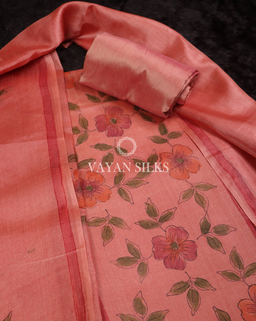 Peach Handpainted Pure Tussar Silk Suit