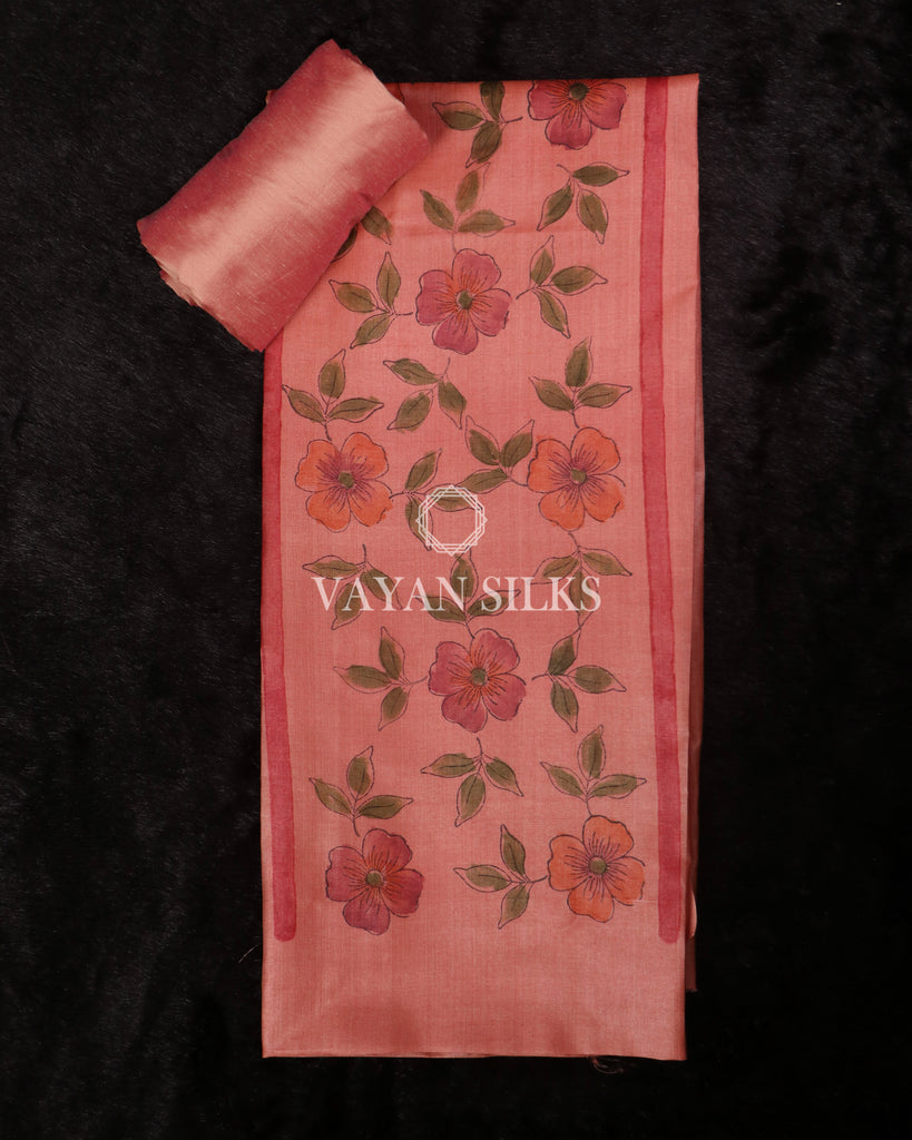 Peach Handpainted Pure Tussar Silk Suit