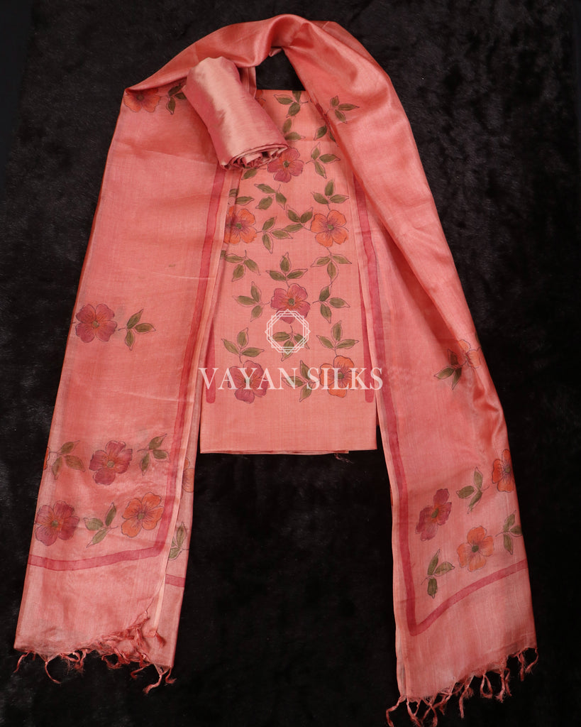 Peach Handpainted Pure Tussar Silk Suit