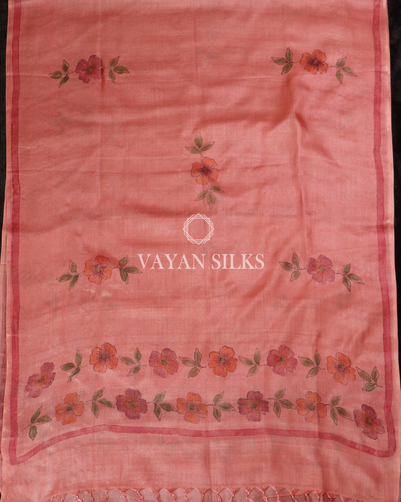 Peach Handpainted Pure Tussar Silk Suit