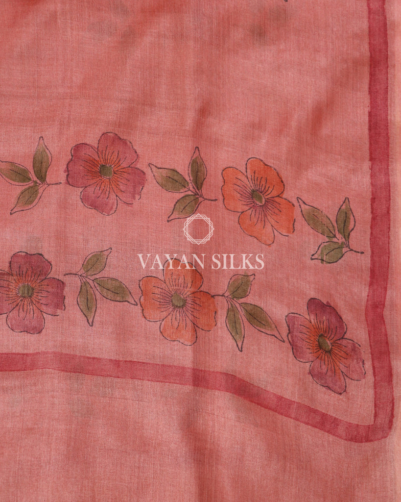 Peach Handpainted Pure Tussar Silk Suit