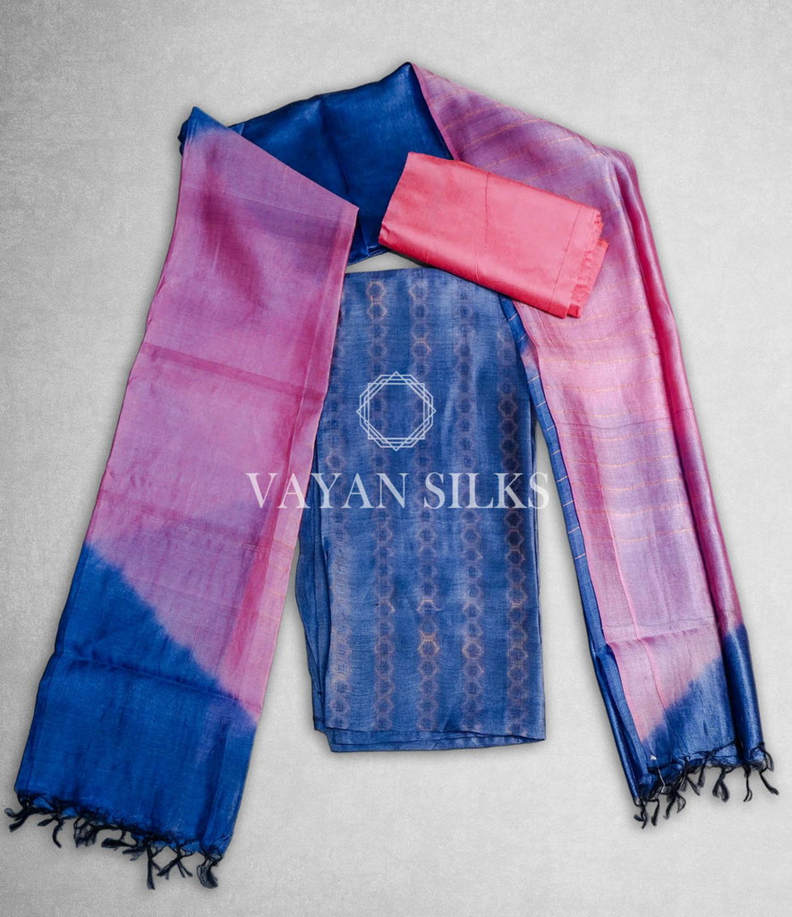 Blue Pink Tussar Silk Suit