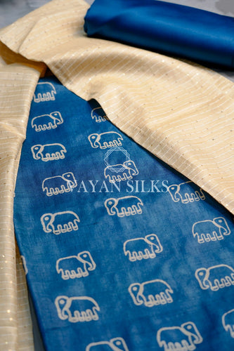 Blue Printed Tussar Silk Suit