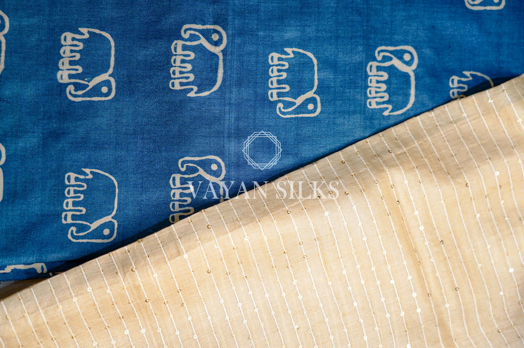 Blue Printed Tussar Silk Suit