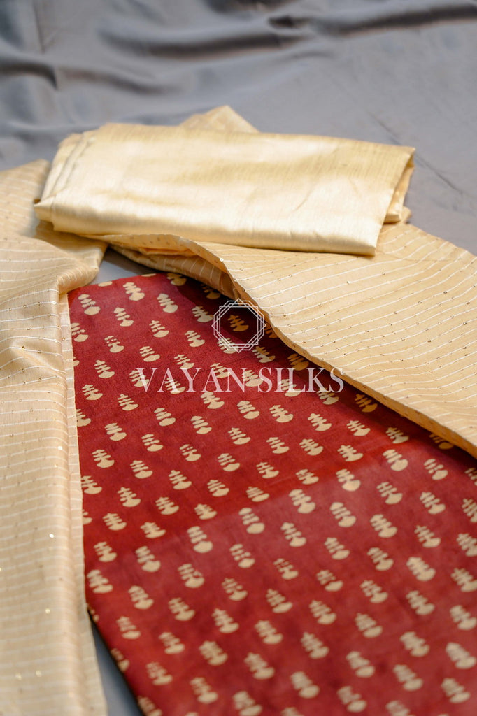Block Printed Tussar Silk Suit Red – bbaawri