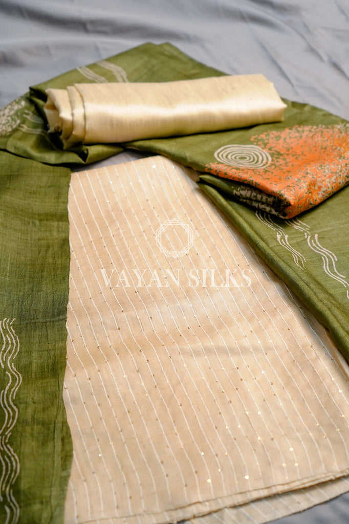 Green Printed Tussar Silk Suit