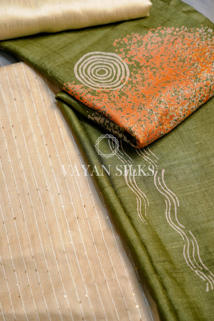 Green Printed Tussar Silk Suit