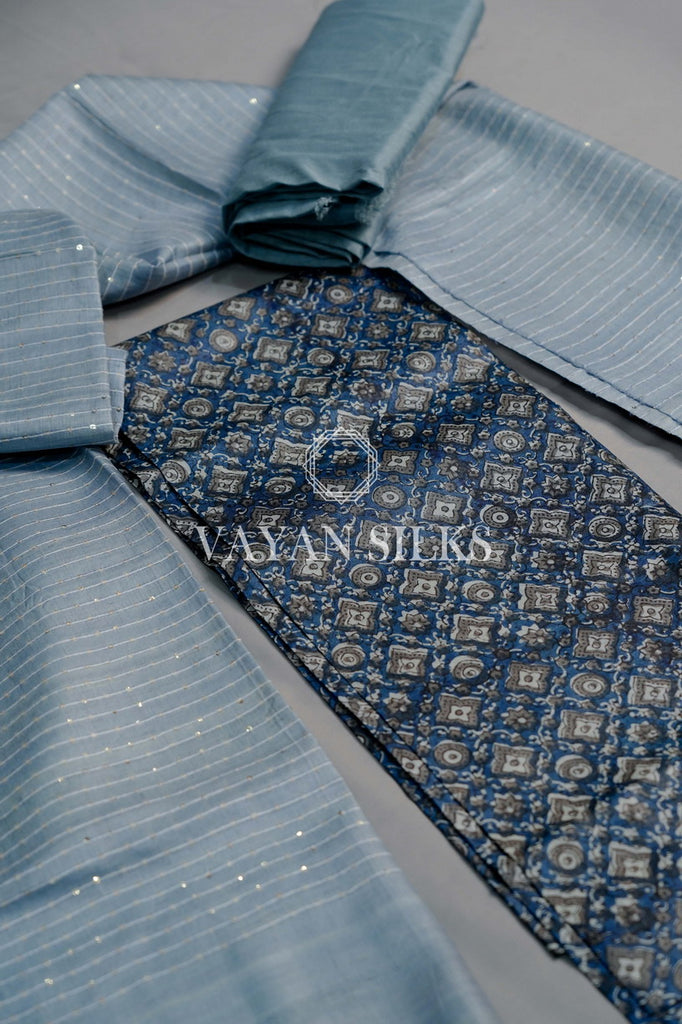 Blue Printed Tussar Silk Suit