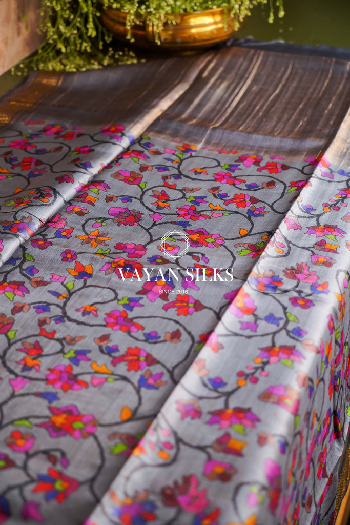 Grey Multi Printed Tussar Silk Saree l Heavy Woven Border