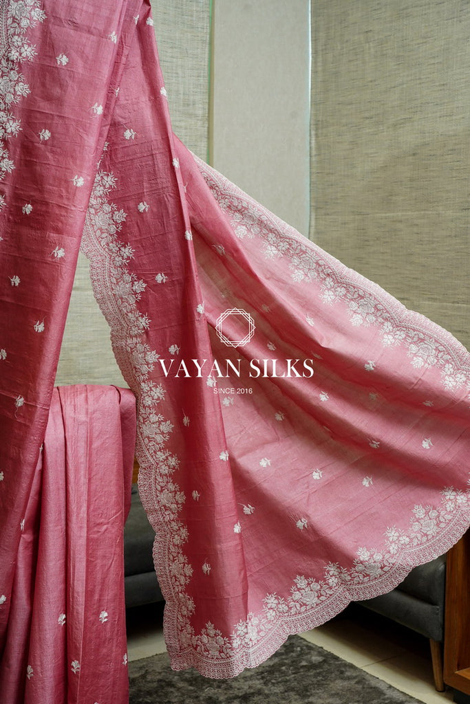 ~ Gul Kaari ~ Pink Embroidered Tussar Silk Saree