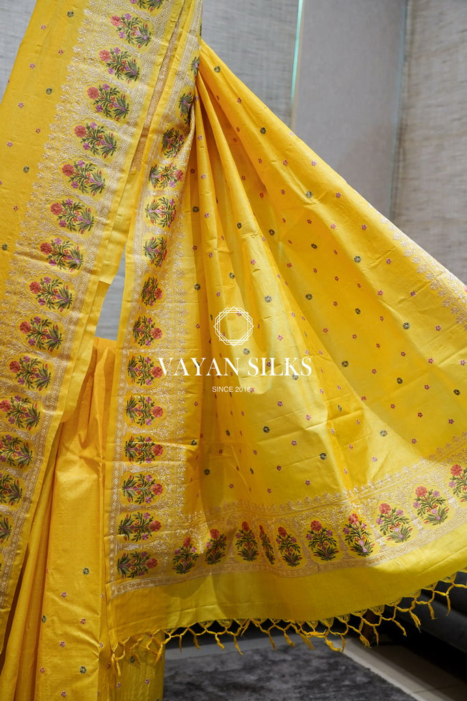 ~ Gul Kaari ~ Canary Yellow Embroidered Tussar Silk Saree