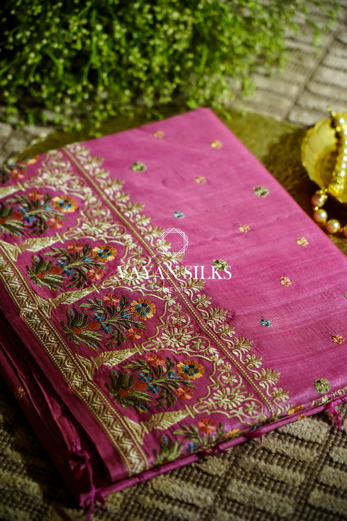 ~ Gul Kaari ~ Light Purple Embroidered Tussar Silk Saree