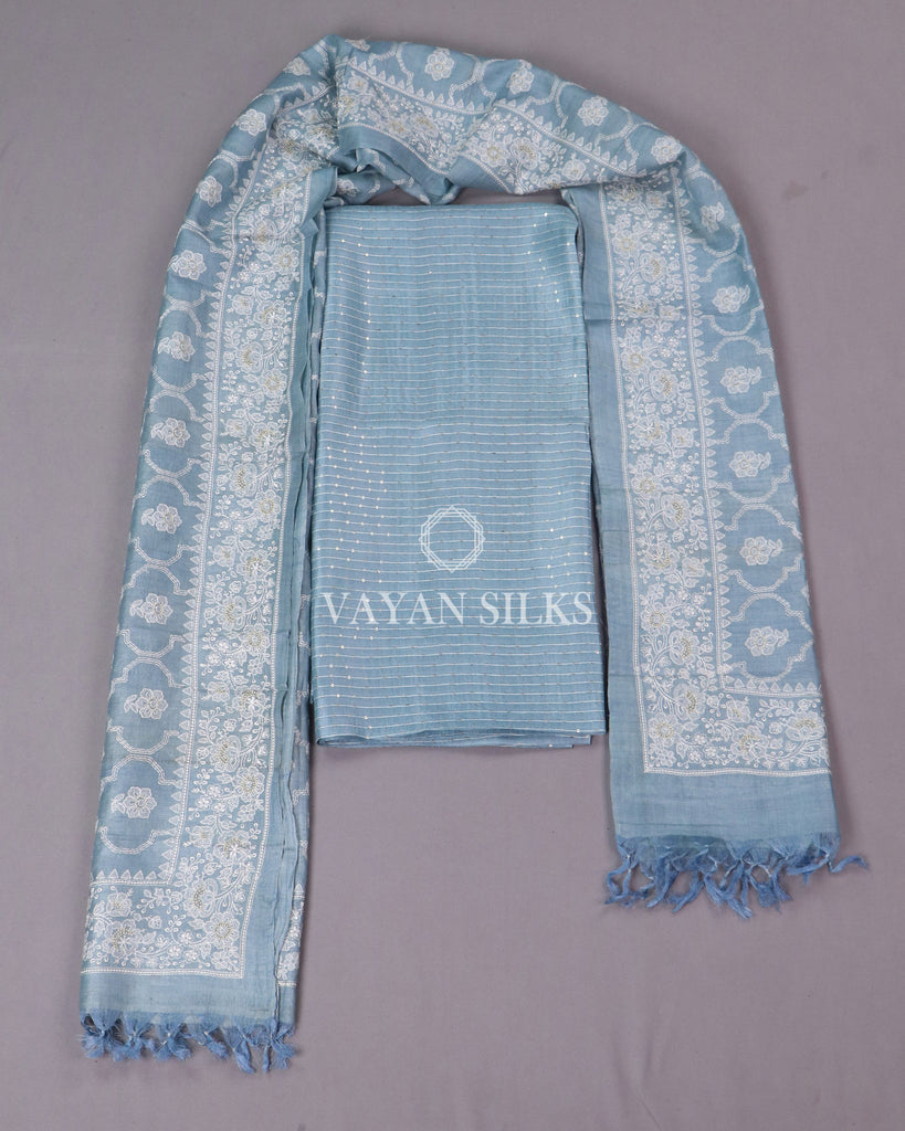 Blue Embroidered Tussar Silk Suit