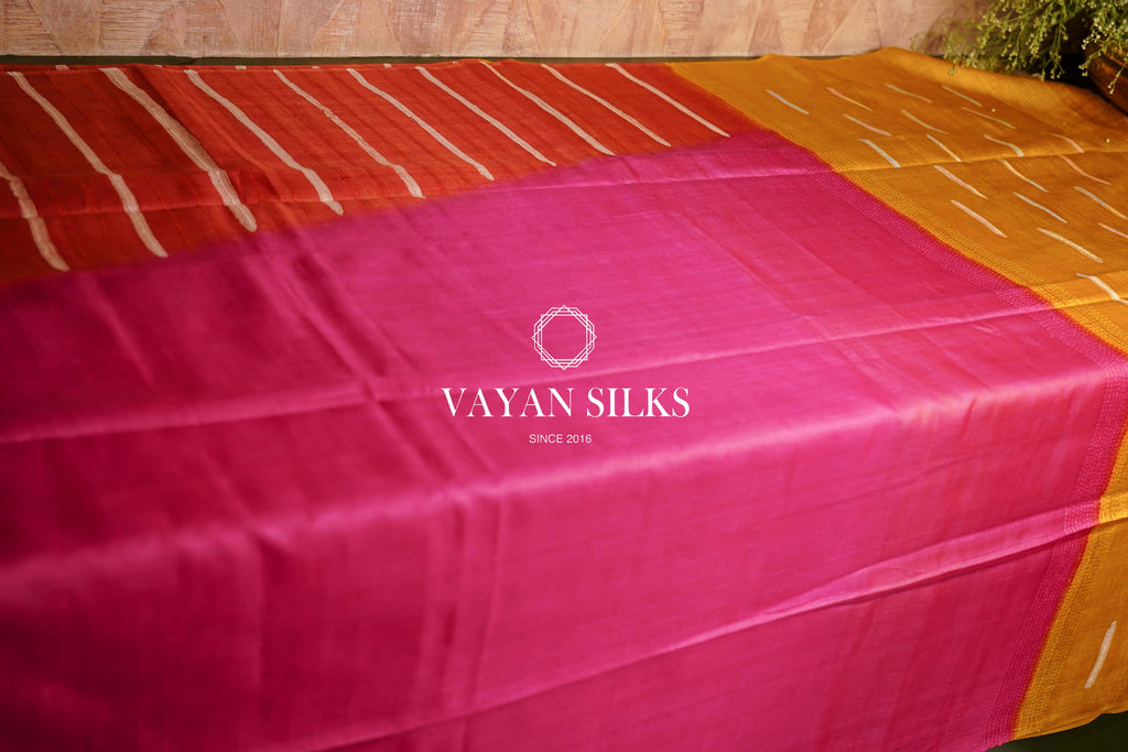 Pink Mustard Printed Tussar Silk Saree