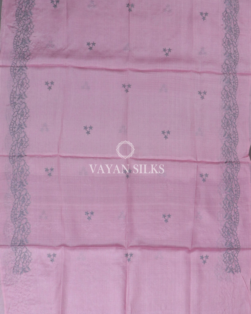 Pink Grey cut work embroidered Tussar Silk Suit