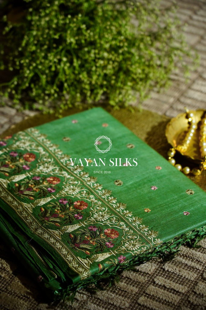 ~ Gul Kaari ~ Fern Green Embroidered Tussar Silk Saree