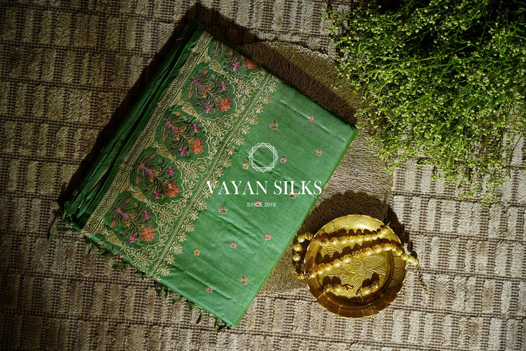 ~ Gul Kaari ~ Fern Green Embroidered Tussar Silk Saree