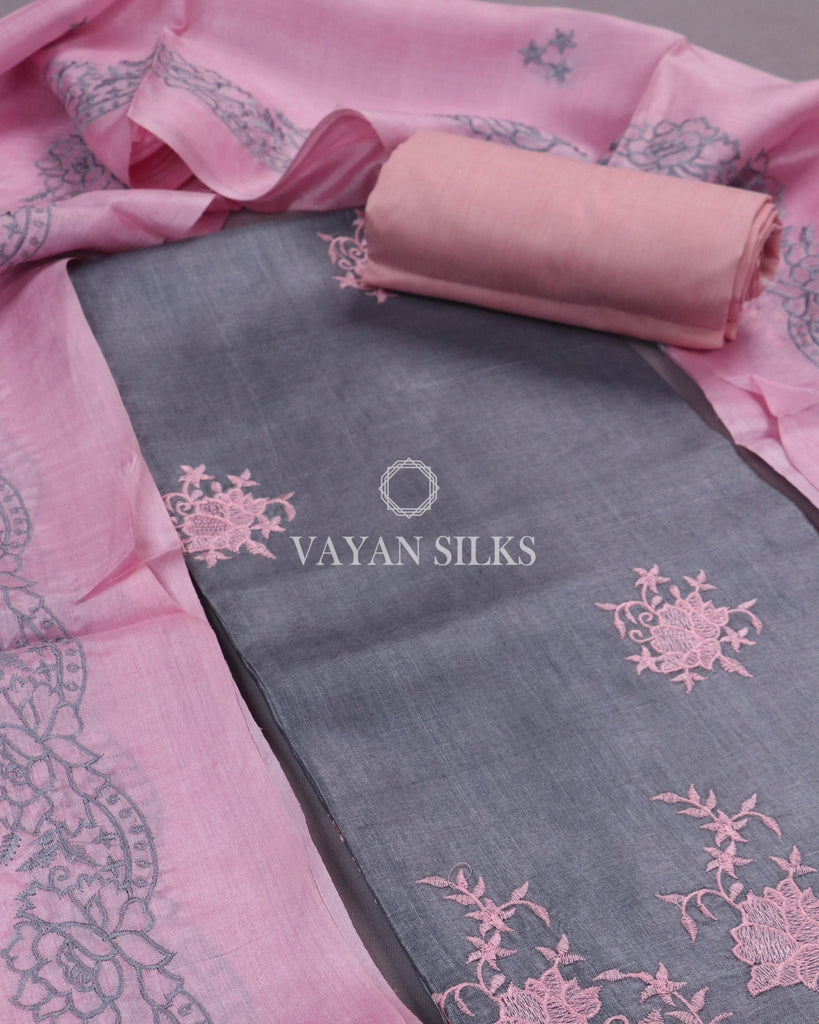Pink Grey cut work embroidered Tussar Silk Suit