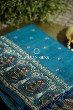 Load image into Gallery viewer, ~ Gul Kaari ~ Blue Embroidered Tussar Silk Saree