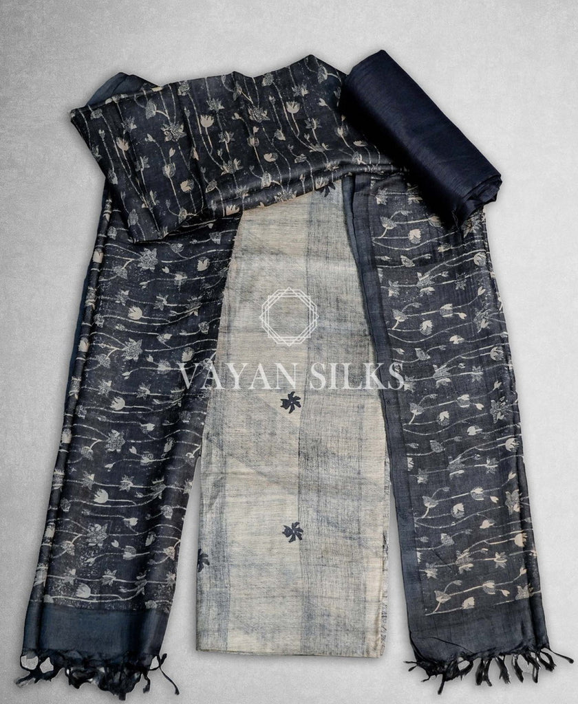 Black Printed Tussar Silk Suit