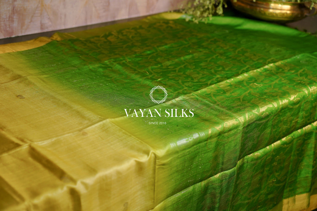 Champagne Yellow and Forest Green Woven Tussar Silk Saree