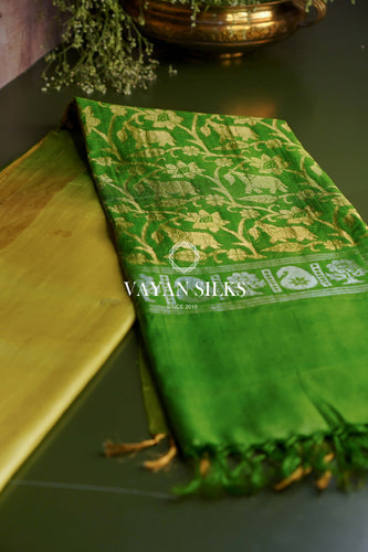 Champagne Yellow and Forest Green Woven Tussar Silk Saree