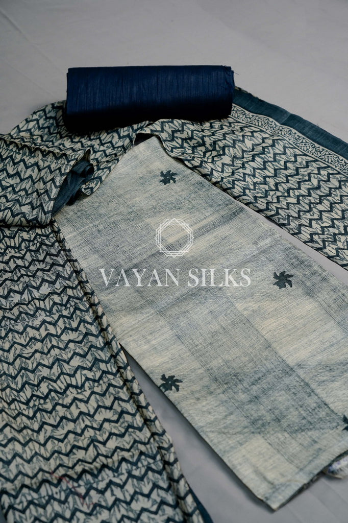 Teal Printed Tussar Silk Suit