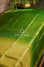 Load image into Gallery viewer, Champagne Yellow and Forest Green Woven Tussar Silk Saree