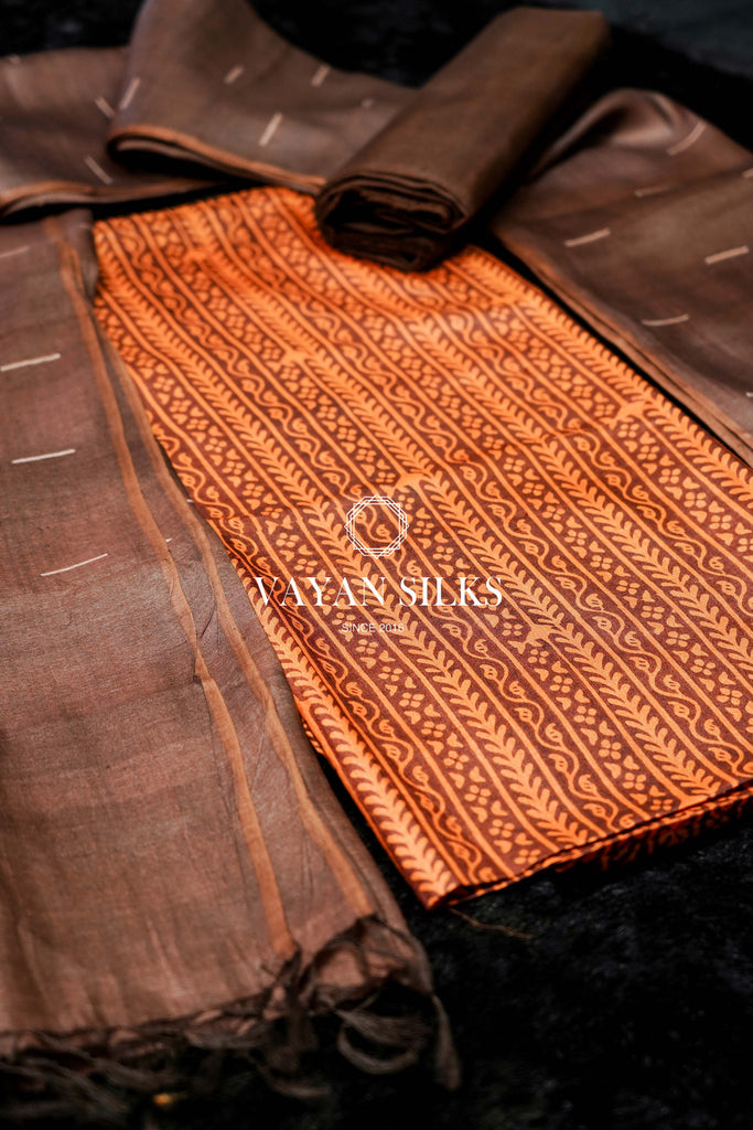 Brown Orange Printed Unstitched Tussar Silk Suit Set