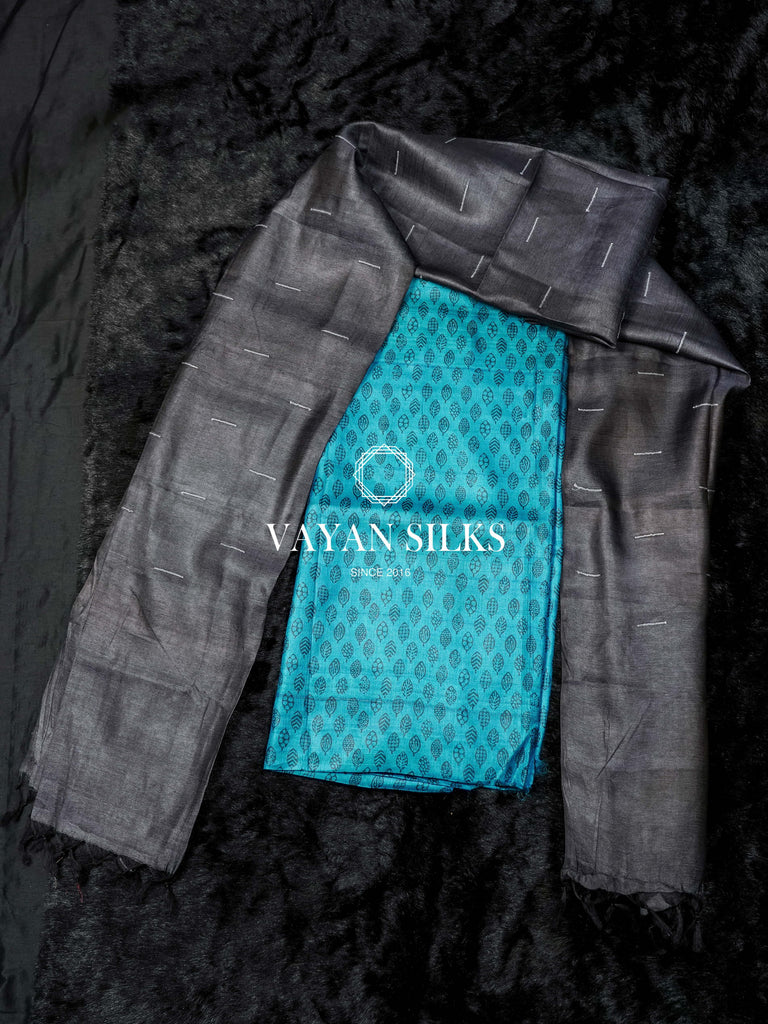 Blue Charcoal Printed Unstitched Tussar Silk Suit Set