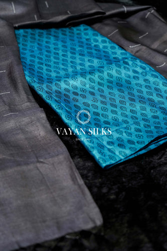Blue Charcoal Printed Unstitched Tussar Silk Suit Set