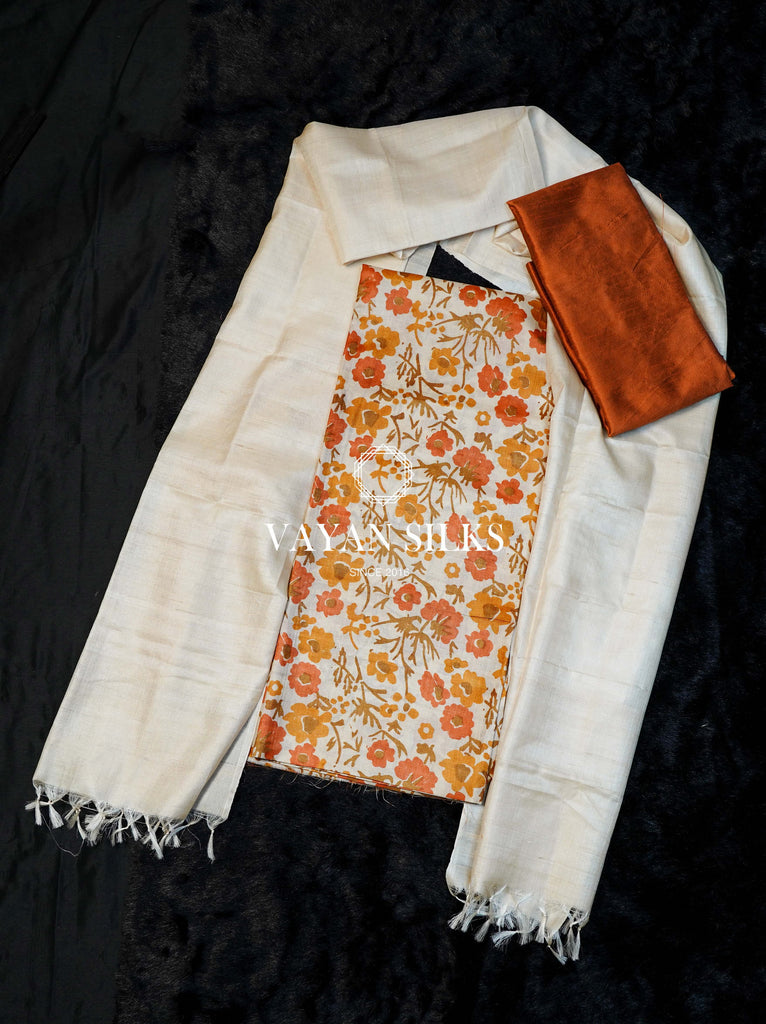 Orange Off White Printed Unstitched Tussar Silk Suit Set