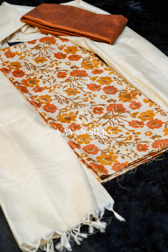 Orange Off White Printed Unstitched Tussar Silk Suit Set