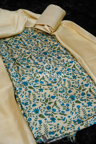 Blue Beige Printed Unstitched Tussar Silk Suit Set