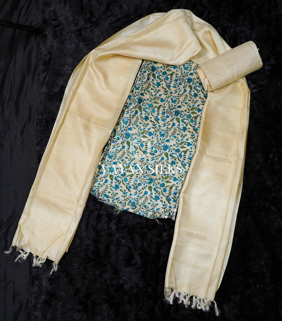 Blue Beige Printed Unstitched Tussar Silk Suit Set