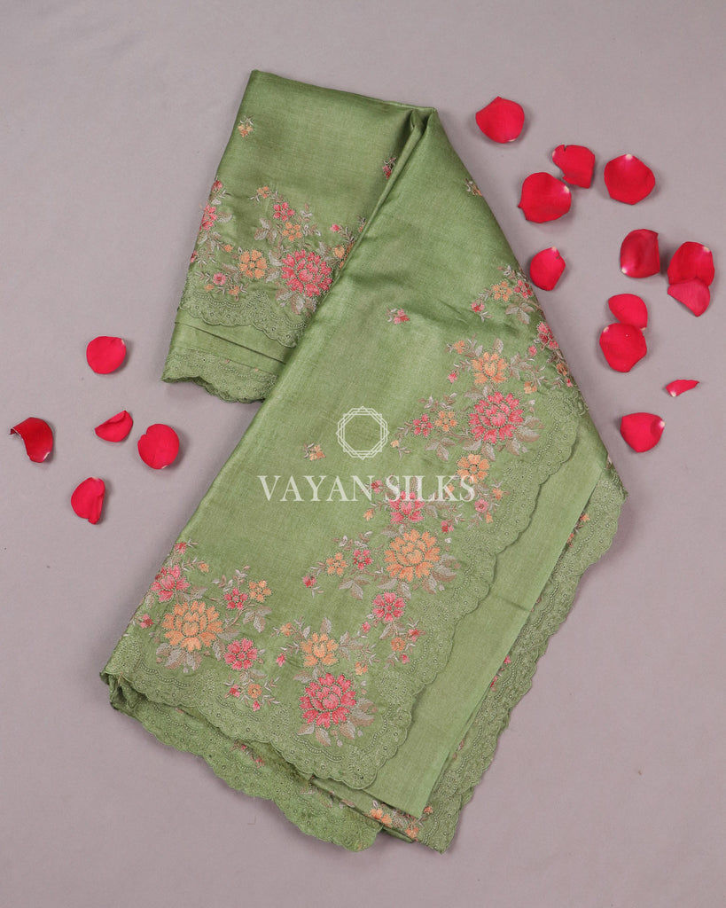 Green Embroidered Tussar Silk saree