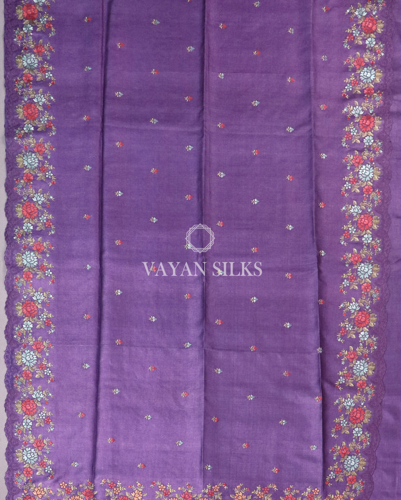 Purple Embroidered Tussar Silk saree