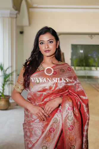 Rose Gold & Red Banarasi Tissue Silk Saree
