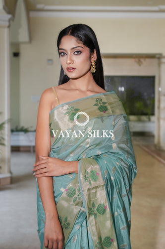 Ice Blue Banarasi Katan Silk Saree