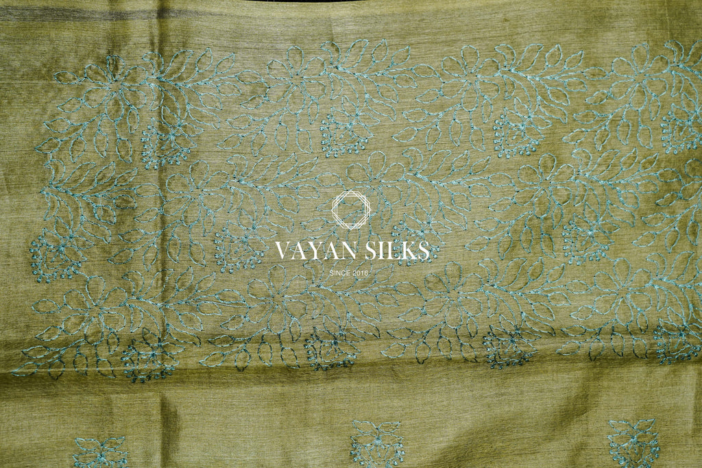 Teal Olive Embroidered Tussar Silk Suit Set