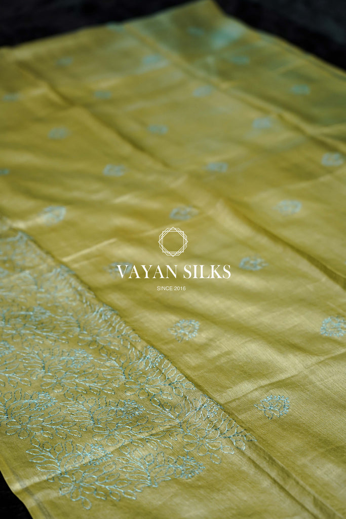 Teal Olive Embroidered Tussar Silk Suit Set