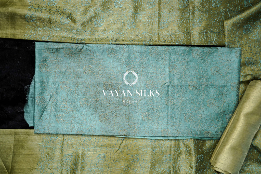 Teal Olive Embroidered Tussar Silk Suit Set