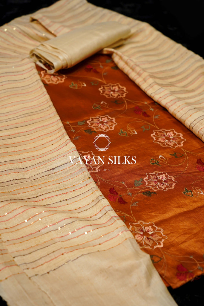 Cinnamon Color Embroidered Tussar Silk Suit Set