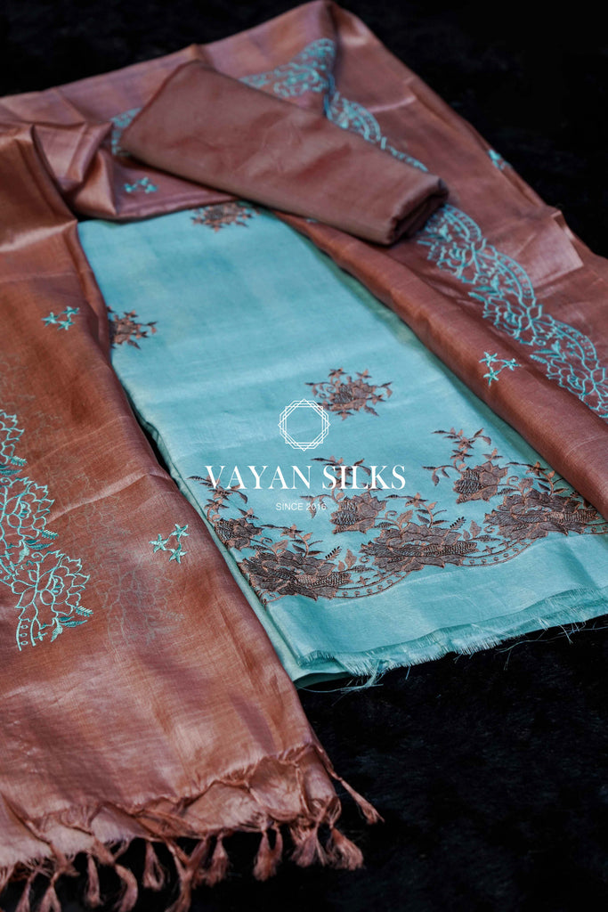 Blue Brown Cut Work Embroidered Tussar Silk Suit Set