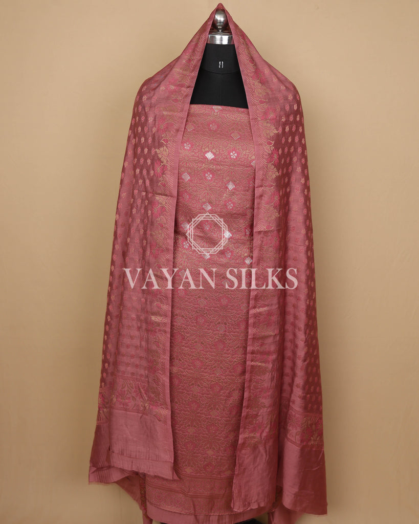 Dusky Rose Pink Banarasi Silk Unstitched Suit Set