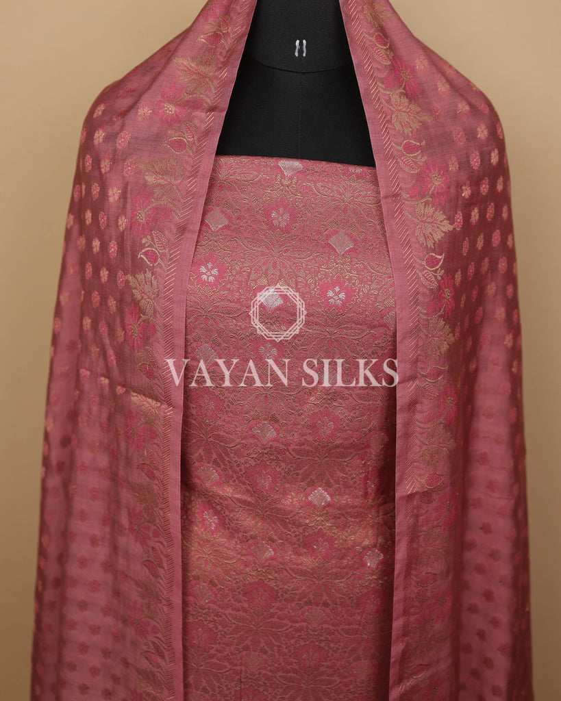 Dusky Rose Pink Banarasi Silk Unstitched Suit Set